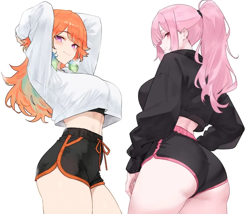 Takanashi Kiara, Mori Calliope (virtual youtuber) by Bluefield. anime piped running shorts, hololive, Kubo, Mori Calliope, sport, sport girl, Takanashi Kiara, virtual youtuber, Virtual YouTuber Ero, vtuber