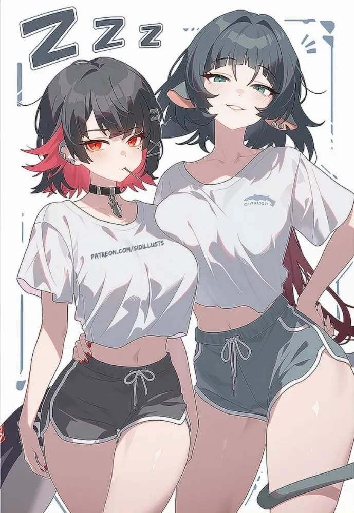 AI Ellen Joe, Jane Doe (zenless zone zero) by Sidillusts. Animal Ears, Anime Ears, anime piped running shorts, Ellen Joe, Jane Doe, mouse girl, shark girl, zenless zone zero, zzz