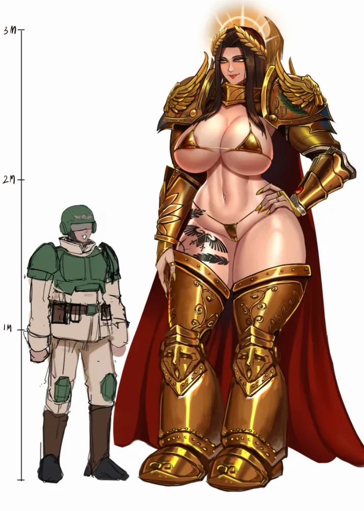 Emperor, Imperial Guard (warhammer 40000) by BADCOMPZERO. bikini, Emperor, faphammer, gold bikini, Imperial Guard, imperium, r63, size difference, swimsuit, warhammer 40000, wh 40000, wh crossover, wh other, wh r63