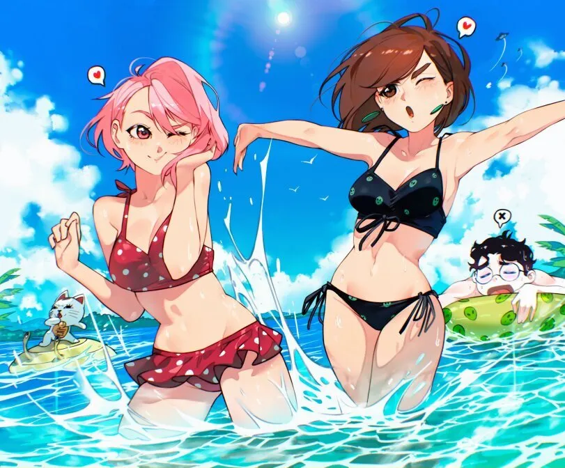Ayase Momo, Shiratori Aira, Turbo Granny, Takakura Ken (dandadan) by cesar art456. Anime, Anime Ero, Ayase Momo, dandadan, Shiratori Aira, swimsuit, Takakura Ken, Turbo Granny