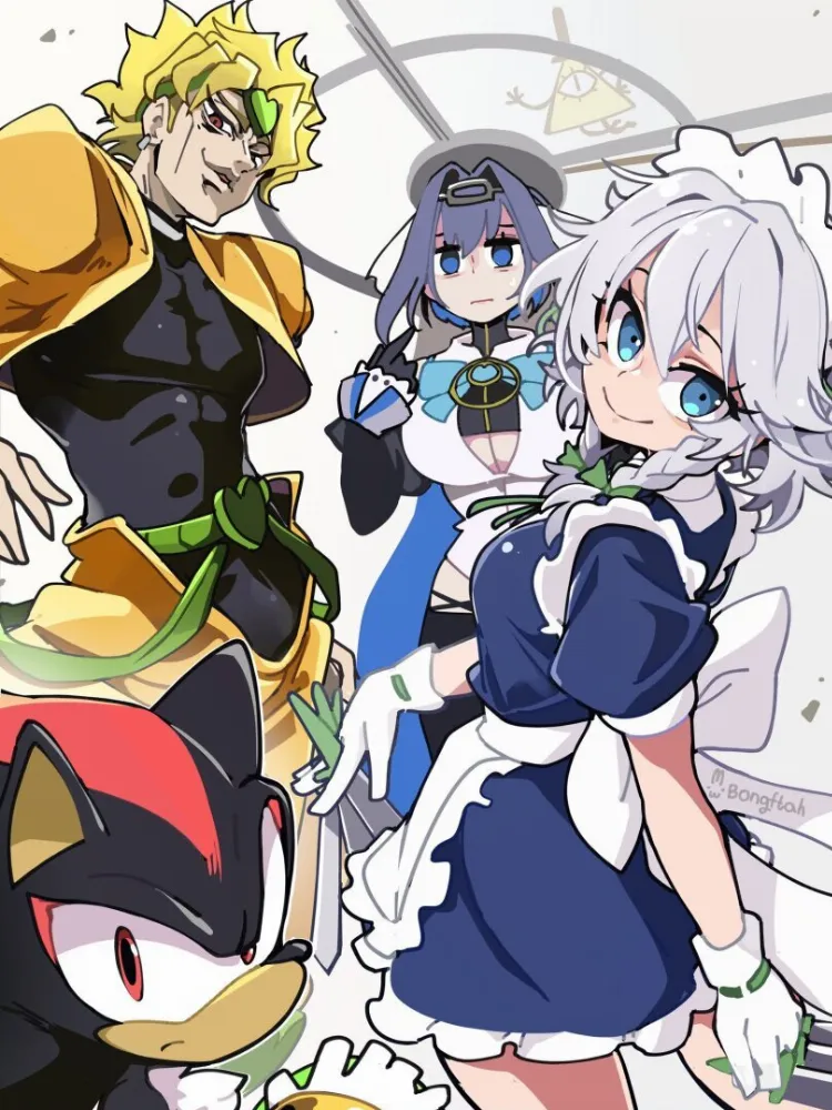 Bill Cipher, Dio Brando, Ouro Kronii, Sakuya Izayoi, Shadow The Hedgehog by BongF. Anime, Bill Cipher, crossover, Dio Brando, gravity falls, hololive, jojo's bizarre adventure, Ouro Kronii, Sakuya Izayoi, Shadow The Hedgehog, sonic, touhou project, virtual youtuber, vtuber