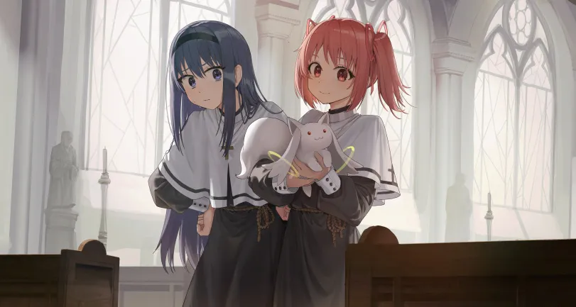 Akemi Homura, Kaname Madoka, Kyubey (mahou shoujo madoka magica) by goback. Akemi Homura, Anime, anime style, Kaname Madoka, Kyubey, mahou shoujo madoka magica, nun, nun girl