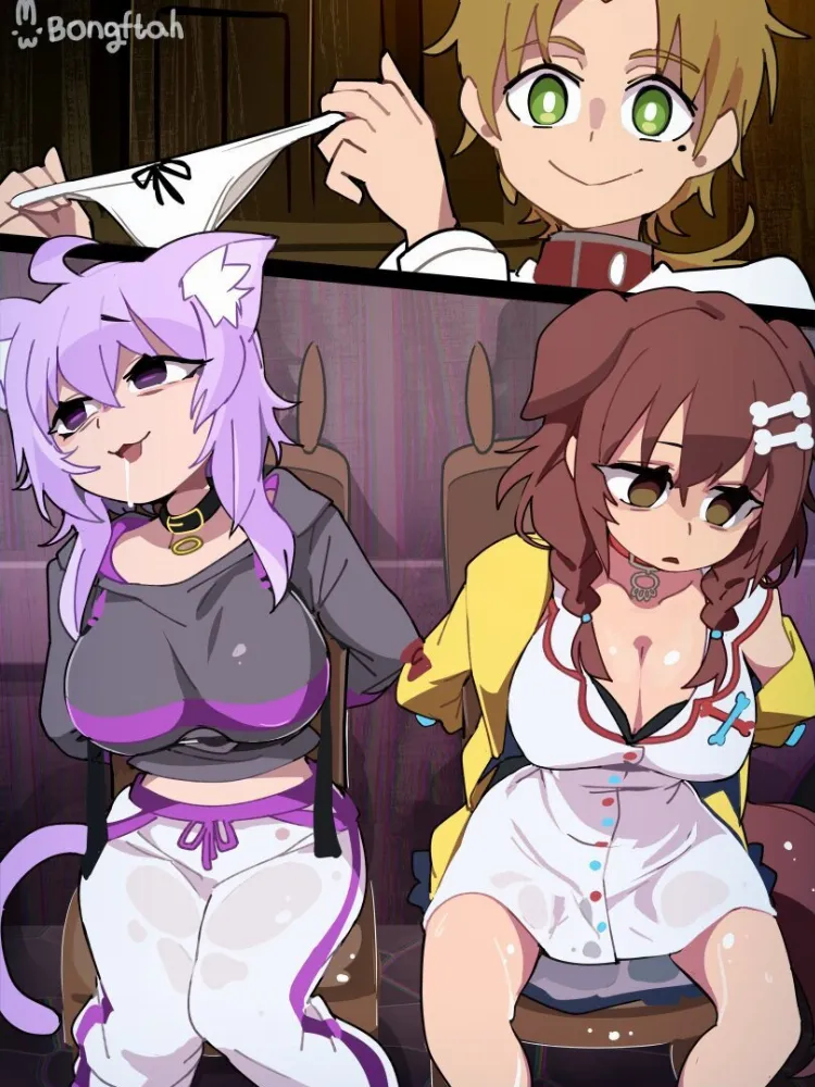 Inugami Korone, Nekomata Okayu, Rudeus Greyrat by BongF. Anime, bongfill, crossover, hololive, Inugami Korone, Mushoku Tensei, Nekomata Okayu, Rudeus Greyrat, virtual youtuber, vtuber