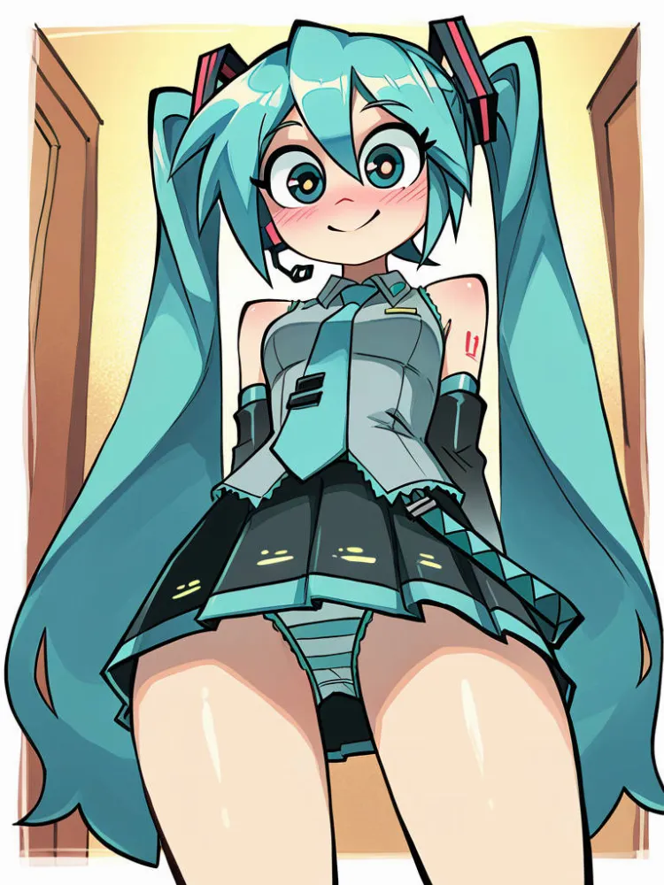 AI Hatsune Miku by Gar-D-Voir. AI, Anime, animegirl, ass, bluehair, butt, clothed, cute, digitalart, fanart, frombehind, Hatsune Miku, hatsunemiku, leggings, lookingback, lying, lyingonstomach, miku, neuralart, panties, perfectass, sexy, sexygirl, skirt, stripedpanties, thighs, vocaloid