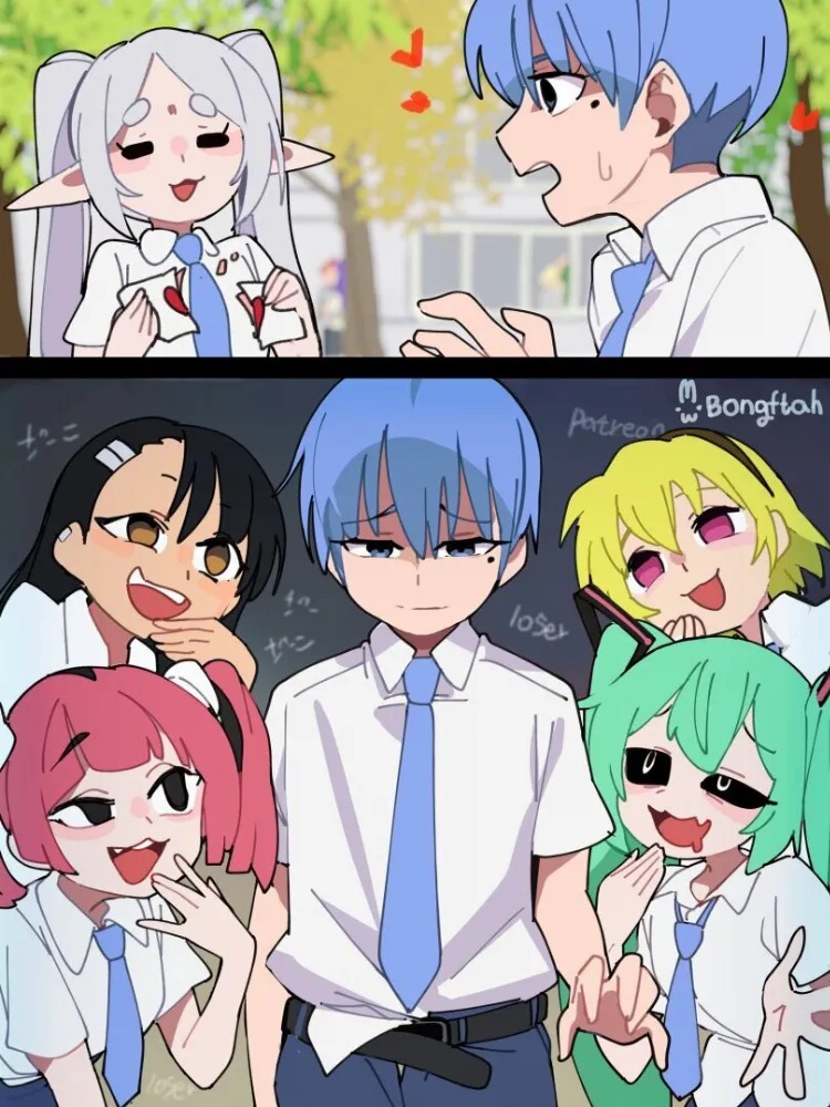 Frieren, Hatsune Miku, Himmel, Houjou Satoko, Nagatoro (higurashi no naku koro ni) by BongF. Anime, crossover, elf, elf girl, fantasy, Frieren, Hatsune Miku, higurashi no naku koro ni, Himmel, Houjou Satoko, ijiranaide nagatoro-san, Nagatoro, pokemon, Pokemon Characters, pokemon trainer, sousou no frieren, vocaloid, voice synthesizer
