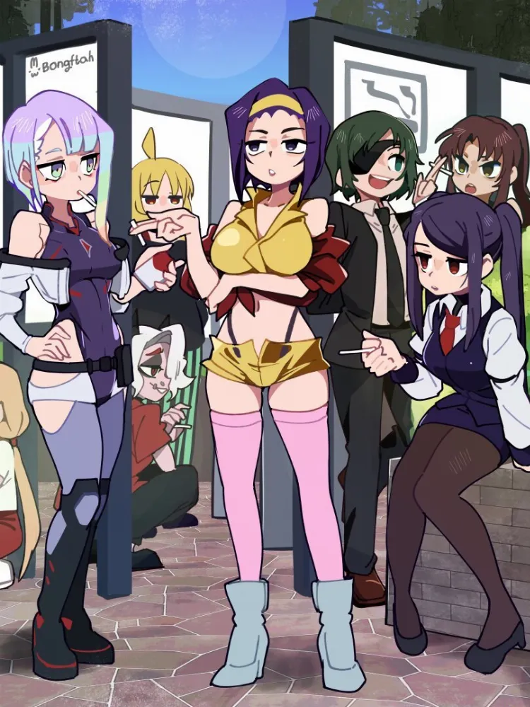 Faye Valentine, Futaba Anzu, Himeno, Ijichi Seika, Jill Valentine, Lucy, Revy, Zdrada by BongF. Anime, Anime Ero, anime oldschool, black lagoon, bocchi the rock, Chainsaw man, cowboy bebop, crossover, Cyberpunk 2077, Cyberpunk Edgerunners, Faye Valentine, Futaba Anzu, helltaker, Himeno, idolmaster, Ijichi Seika, Jill Valentine, Lucy, Resident Evil, Revy, Zdrada