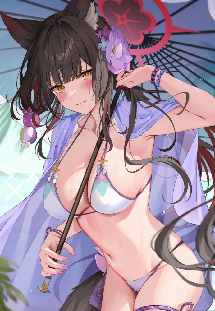 Wakamo (Blue Archive) by hizuki higure. Animal Ears, Anime Ears, bikini, Blue Archive, cat girl, catgirl, neko, swimsuit, Wakamo