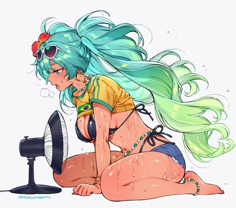 Brazilian Miku by qiandaiyiyu. Anime, Anime Ero, Anime Ero Wet, bikini, Brazilian Miku, Hatsune Miku, large breasts, Megane, swimsuit, vocaloid, voice synthesizer