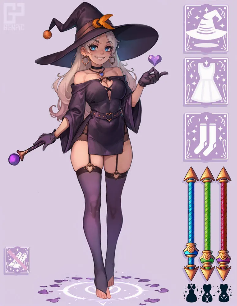 Witch girl by Genpic. Anime, artworkdigital, characterdesign, cleavage, dndcharacter, fantasycharacter, girl, gloves, solofemale, stripgame, undressing, whitehair, witch, witch girl, witchhat