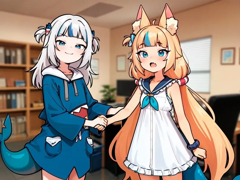 AI Gawr Gura, Sameko Saba (virtual youtuber) by generatornaya. Animal Ears, Anime Ears, cat girl, catgirl, crossover, Gawr Gura, hololive, neko, Sameko Saba, shark girl, virtual youtuber, vtuber