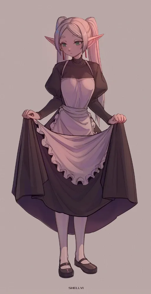 Frieren (sousou no frieren) by shellvi. Anime, elf, elf girl, elfgirl, fantasy, Frieren, housemaid, maid, sousou no frieren