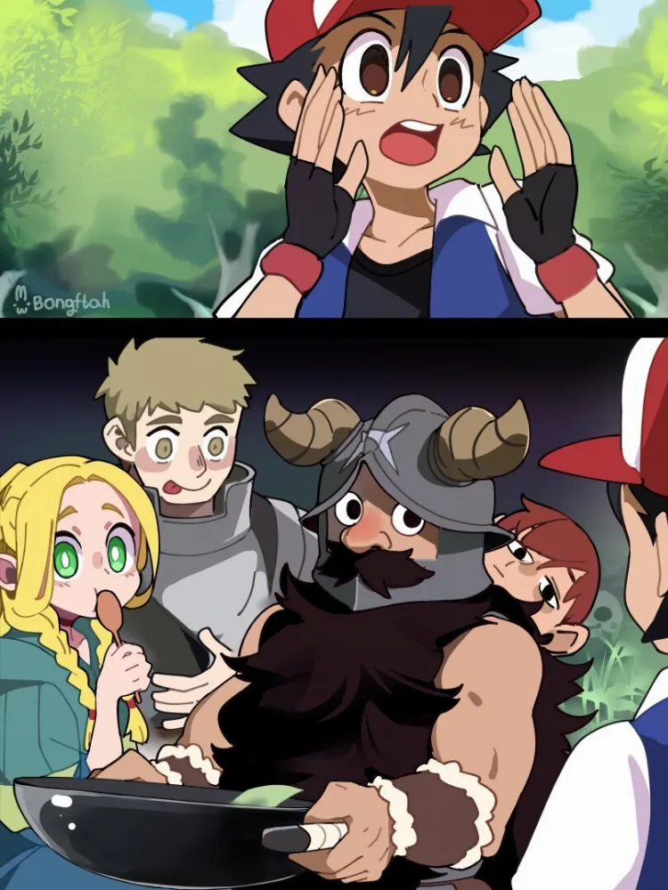 Ash, Chilchuck, Laios, Marcille, Senshi (dungeon meshi) by BongF. Anime, Ash, Chilchuck, crossover, dungeon meshi, elf, elf girl, elfgirl, fantasy, Laios, Marcille, pokemon, Pokemon Characters, pokemon crossover, Pokemon trainers, Senshi