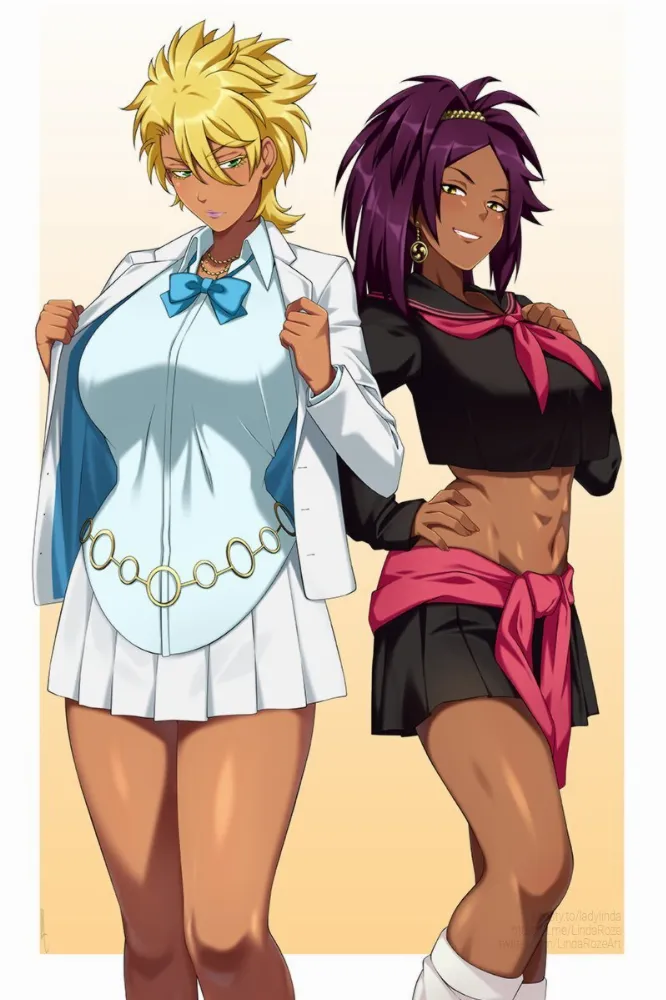 Shihouin Yoruichi, Tier Harribel (bleach) by lindaroze. Anime, Anime Ero, Anime Ero Kyonyuu, bleach, Shihouin Yoruichi, Tier Harribel