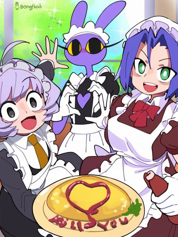 James, Jax, Osana Najimi by BongF. Anime, crossover, glitch productions, housemaid, James, Jax, komi-san wa comyushou desu, maid, Osana Najimi, pokemon, Pokemon Characters, Pokemon trainers, the amazing digital circus, theadc