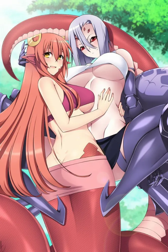 Rachnera Arachnera, Miia, Lamia (monster musume) by lindaroze. Anime, Anime Ero, Anime Ero BDSM, Lamia, Miia, monster girl, monster girl anime, monster musume, Rachnera Arachnera, snake girl, spider girl
