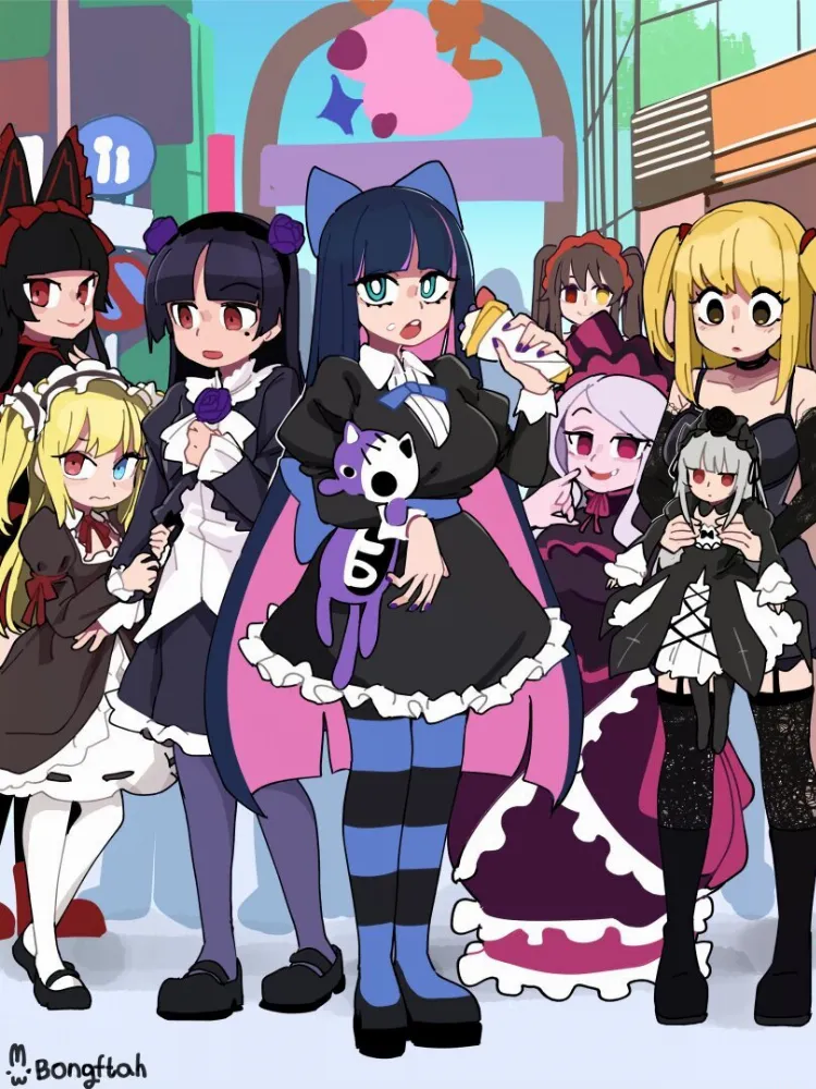 Floor Guardian, Gokou Ruri, Hasegawa Kobato, Misa Amane, Shalltear Bloodfallen, Stocking by BongF. Anime, anime style, Boku wa Tomodachi ga Sukunai, crossover, Floor Guardian, Gokou Ruri, Hasegawa Kobato, Misa Amane, oreimo, overlord, panty &amp; stocking with garterbelt, Psg, Shalltear Bloodfallen, Stocking