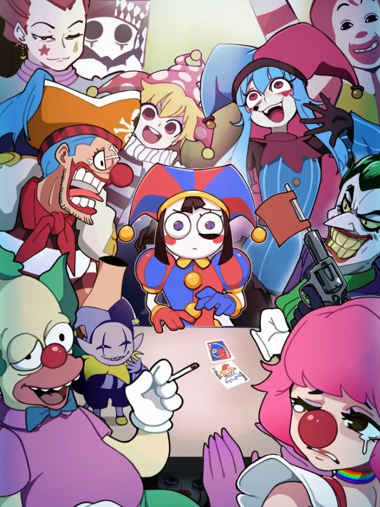 Buggy The Clown, Clownpiece, Geiru Toneido, Hisoka, Jevil, Joker, Krusty The Clown, Pestrica, Pippi, Pomni, Ronald Mcdonald by BongF. ace attorney, Anime, balatro, Buggy The Clown, chivalry starved, Clownpiece, DC Comics, deltarune, Geiru Toneido, glitch productions, Hisoka, hunter x hunter, Jevil, Joker, Krusty The Clown, mcdonald’s, One Piece, Pestrica, Pippi, Pomni, Ronald Mcdonald, the amazing digital circus, the simpsons, theadc, touhou project, undertale