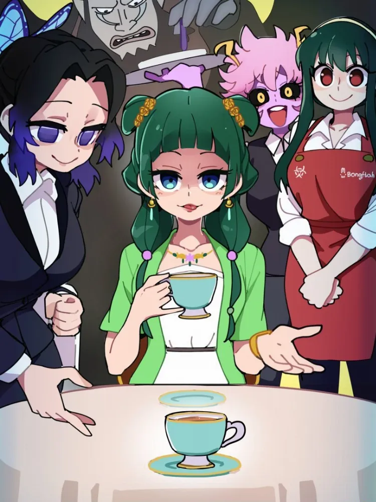 Maomao, Shinobu Kochou, Mina Ashido, Yor Forger by BongF. Anime, Boku no Hero Academia, crossover, Kimetsu no Yaiba, kusuriya no hitorigoto, Maomao, Mina Ashido, One Piece, Shinobu Kochou, Spy x Family, Yor Forger