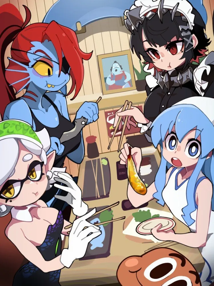 Darwin Watterson, Ellen Joe, Jimbei, Marie, Undyne by BongF. Anime, cartoon network, crossover, Darwin Watterson, Ellen Joe, housemaid, Jimbei, maid, Marie, monster girl, One Piece, shark girl, splatoon, the amazing world of gumball, undertale, Undyne, zenless zone zero, zzz