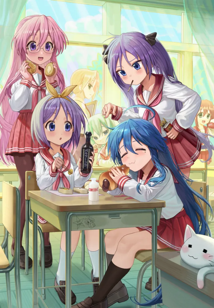 Hiiragi Kagami, Hiiragi Tsukasa, Iwasaki Minami, Izumi Konata, Kobayakawa Yutaka, Kogami Akira, Kuroi Nanako, Takara Miyuki (lucky star) by silvertsuki. Anime, Hiiragi Kagami, Hiiragi Tsukasa, Iwasaki Minami, Izumi Konata, Kobayakawa Yutaka, Kogami Akira, Kuroi Nanako, lucky star, Megane, nyamou, pocky, school girl, Takara Miyuki