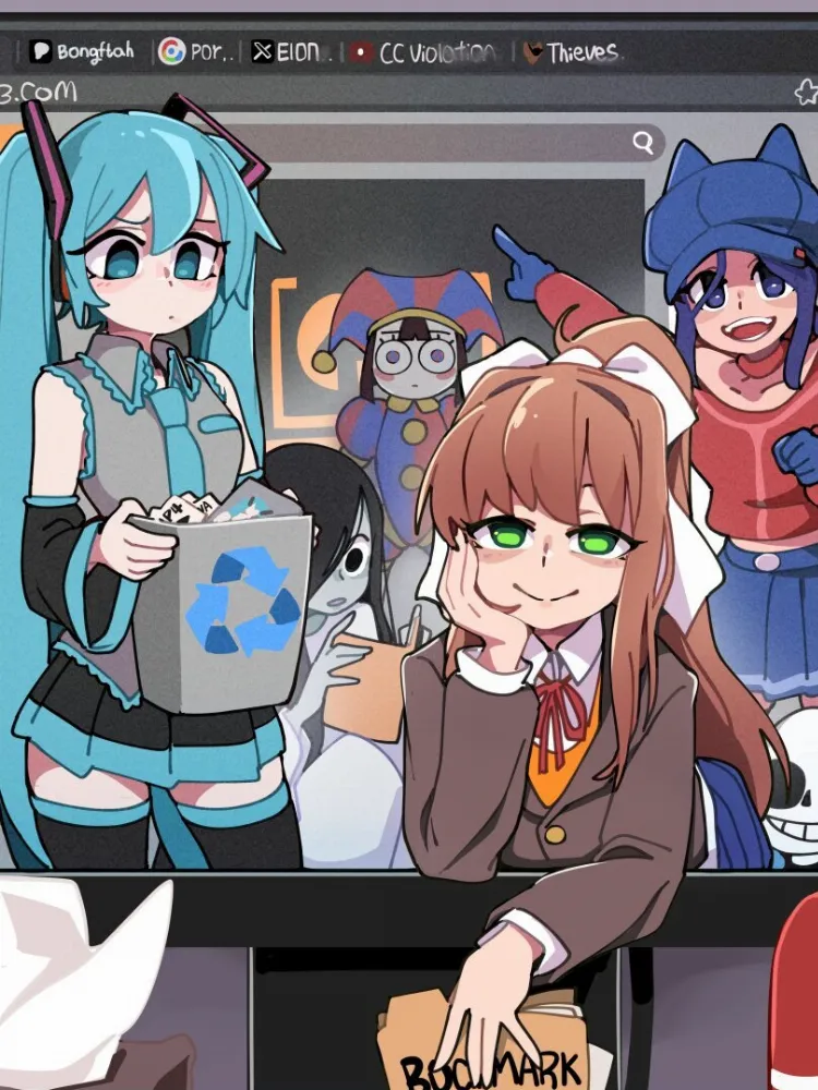 Cappie, Hatsune Miku, Monika, Pomni, Sadako, Sans (doki doki literature club) by BongF. Anime, Cappie, crossover, doki doki literature club, Foreign VN, glitch productions, Hatsune Miku, miside, Monika, Pomni, Sadako, Sans, the amazing digital circus, theadc, undertale, vocaloid, voice synthesizer