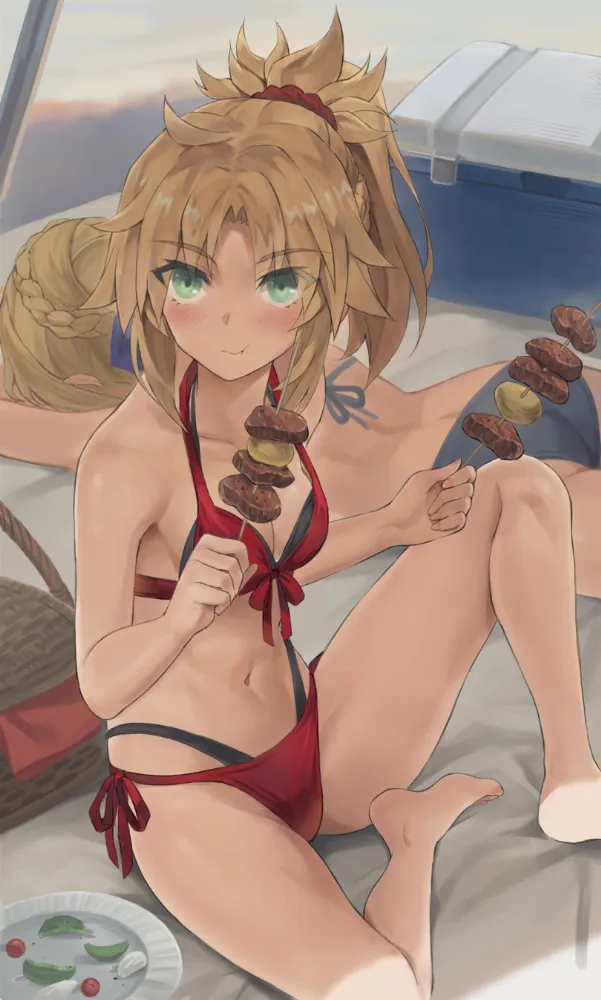 Saber, Mordred (fate) by Tonee. Anime, Anime Ero, Anime Ero Swim, bikini, fate, fate/apocrypha, fate/stay night, Mordred, oshiri, Saber, swimsuit