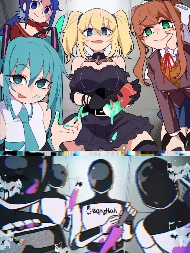 Mita, Hatsune Miku, Ani Ai Assistant, Monika (miside) by BongF. Ani Ai Assistant, Anime, crossover, doki doki literature club, Foreign VN, Hatsune Miku, miside, Mita, Monika, vocaloid, voice synthesizer
