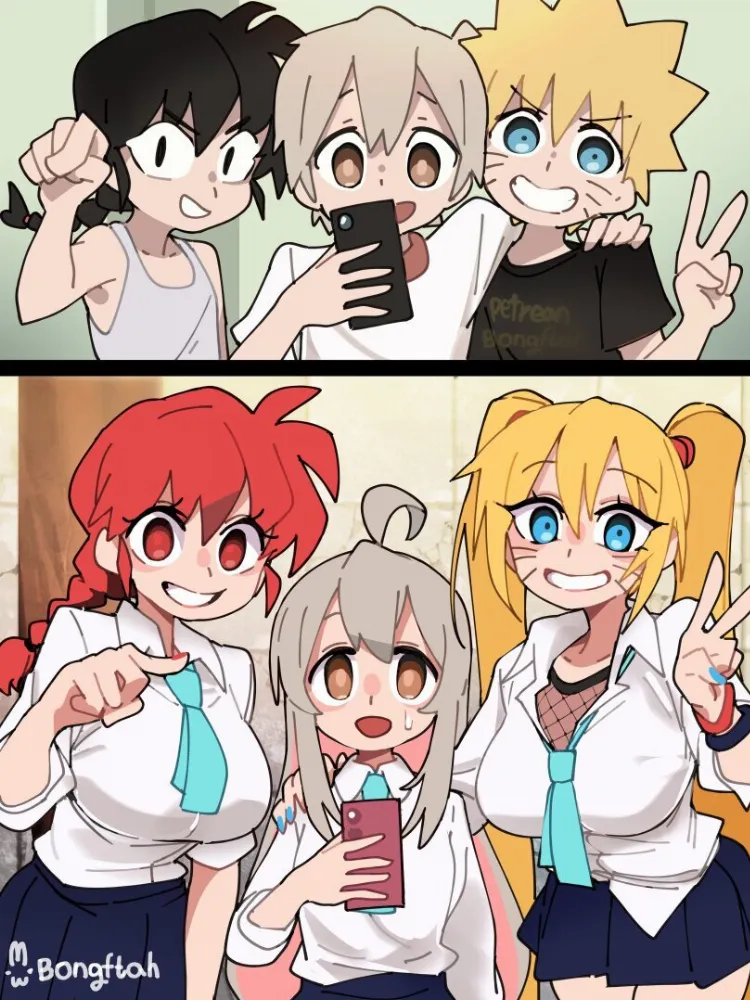 Naruko, Naruto Uzumaki, Oyama Mahiro, Ranma Saotome by BongF. Anime, anime oldschool, anime style, crossover, Naruko, Naruto, Naruto Uzumaki, onii-chan wa oshimai!, Oyama Mahiro, ranma 1/2, Ranma Saotome, ranma-chan