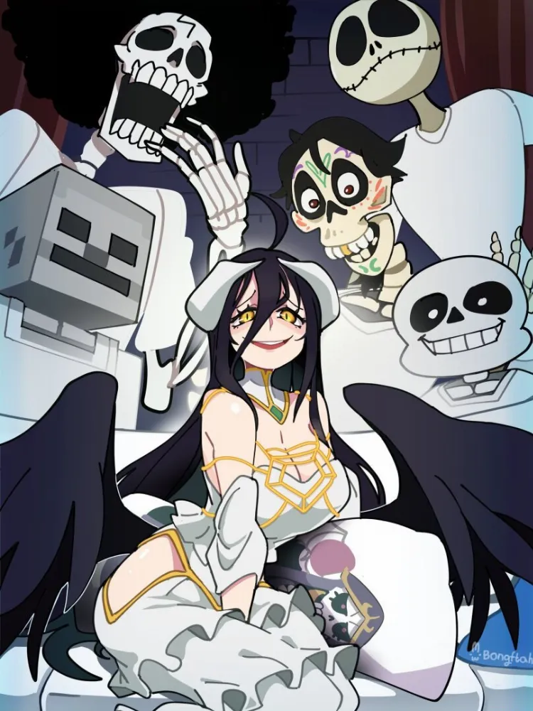 Albedo, Brook, Floor Guardian, Jack Skellington, Sans (minecraft) by BongF. Albedo, Anime, Brook, crossover, Demon Girl, devil girl, Floor Guardian, Jack Skellington, minecraft, monster girl, nightmare before christmas, One Piece, overlord, pixar, Sans, undertale