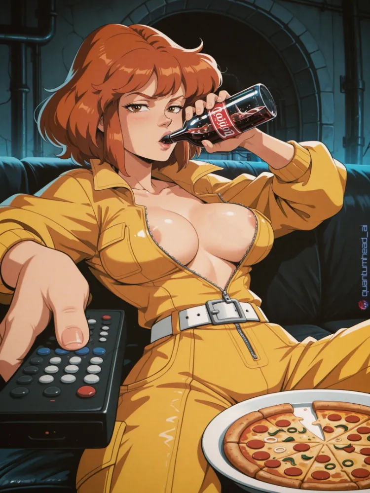 AI April O’neil (tmnt) by QuantumHeadAI. AI, April O'neil, guy sipping beer on a couch, neuralart, tmnt, tmnt ero