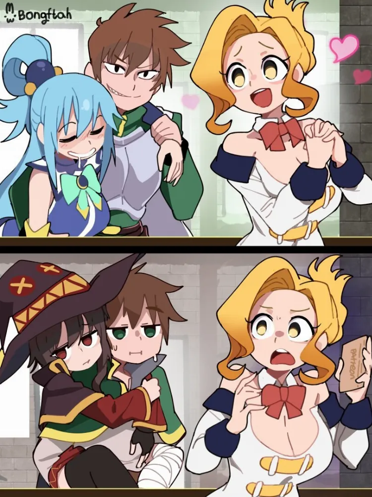 Aqua, Kazuma Satou, Luna, Megumin, Rance (konosuba) by BongF. Anime, Aqua, bongfill, crossover, Foreign VN, Kazuma Satou, konosuba, Luna, Megumin, Rance, witch girl