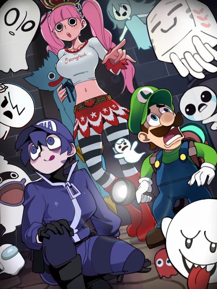 Carrie Krueger, Luigi, Napstablook, Perona, Usterka by BongF. among us, Anime, awaria, Carrie Krueger, cartoon network, crossover, devil girl, game art, Luigi, minecraft, monster girl, Napstablook, One Piece, Perona, spooky's jump scare mansion, the amazing world of gumball, the binding of isaac, undertale, Usterka
