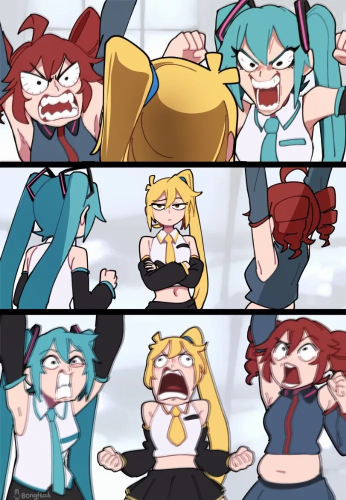 Kasane Teto, Hatsune Miku, Akita Neru by BongF. Akita Neru, Anime, Hatsune Miku, Kasane Teto, utau, vocaloid, voice synthesizer