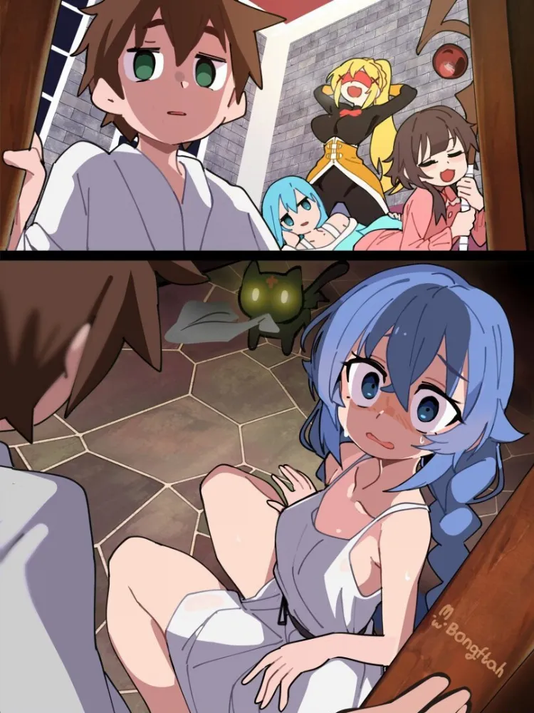 Kazuma Satou, Darkness, Aqua, Megumin, Roxy Migurdia, Chomusuke by BongF. Anime, anime style, Aqua, Chomusuke, crossover, Darkness, Kazuma Satou, konosuba, Megumin, Mushoku Tensei, Roxy Migurdia, witch girl