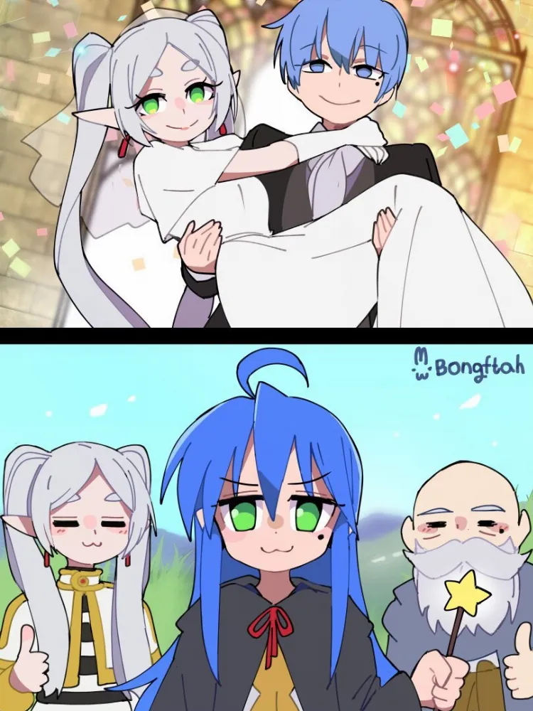 Bride, Frieren, Himmel, Izumi Konata by BongF. Anime, anime style, Bride, crossover, elf, elf girl, fantasy, Frieren, Himmel, Izumi Konata, lucky star, sousou no frieren