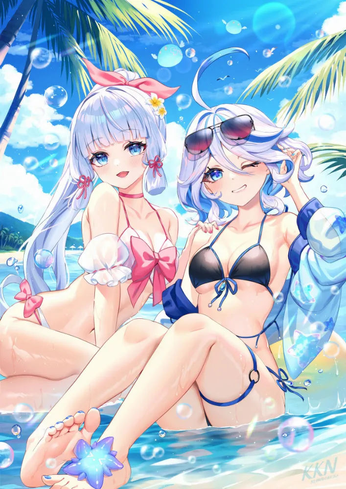 Furina, Ayaka (Genshin Impact) by lalazyt. Ayaka, bikini, Furina, game art, Genshin Impact, Genshin Impact Ero, swimsuit