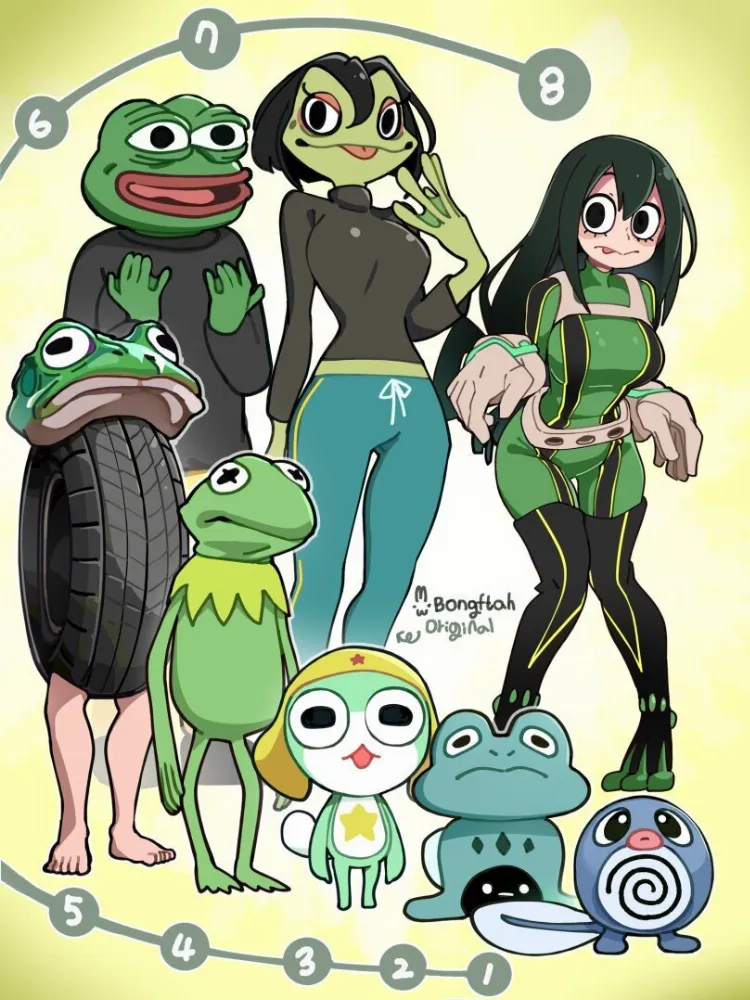 Froggit, Kermit The Frog, Pepe, Poliwag, Sgt. Frog, Tsuyu Asui by BongF. Anime, Boku no Hero Academia, frog girl, Froggit, Kermit The Frog, Pepe, pokedex, pokemon, Pokemon Characters, Poliwag, Sgt. Frog, Tsuyu Asui, undertale