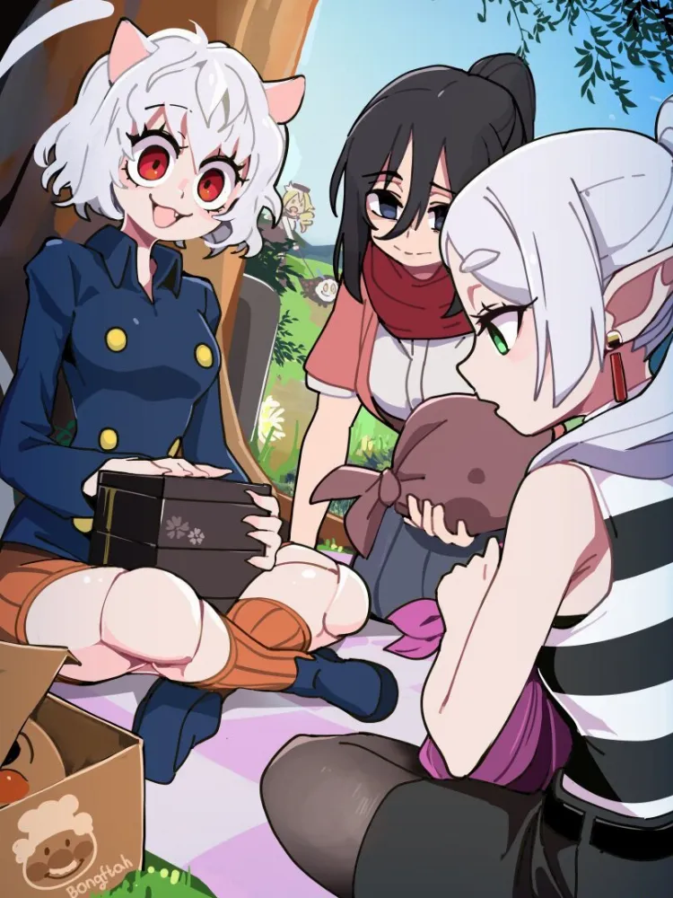 Charlotte, Frieren, Mikasa Ackerman, Neferpitou by BongF. Anime, Charlotte, elf, elf girl, fantasy, Frieren, hunter x hunter, madoka magica, Mikasa Ackerman, Neferpitou, puella magi madoka magica, shingeki no kyojin, sousou no frieren