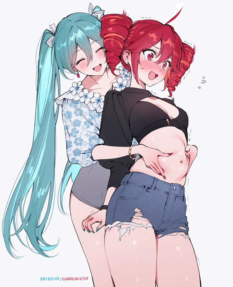 Kasane Teto, Hatsune Miku by qiandaiyiyu. Anime, Anime Ero, Anime Ero Yuri, anime mild ero, Hatsune Miku, Kasane Teto, utau, vocaloid, voice synthesizer