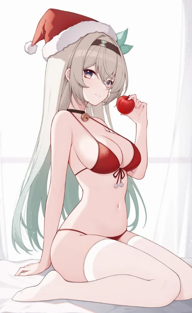 Castorice, Firefly, Kafka (honkai star rail) by poinia. Anime Christmas, bikini, Castorice, Christmas, elf, elf girl, elfgirl, fantasy, Firefly, game art, honkai star rail, Kafka, Merry Christmas, swimsuit