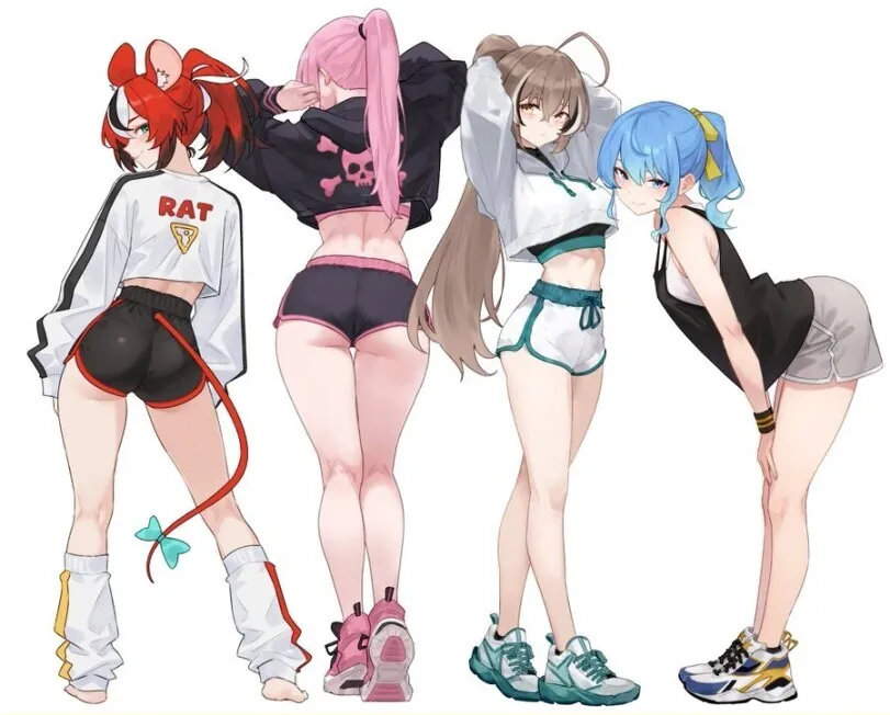 Hakos Baelz, Mori Calliope, Nanashi Mumei, Hoshimachi Suisei, Kubo (virtual youtuber) by Bluefield. anime piped running shorts, Hakos Baelz, hololive, Hoshimachi Suisei, Kubo, Mori Calliope, mouse girl, Nanashi Mumei, sport, sport girl, virtual youtuber, Virtual YouTuber Ero, vtuber