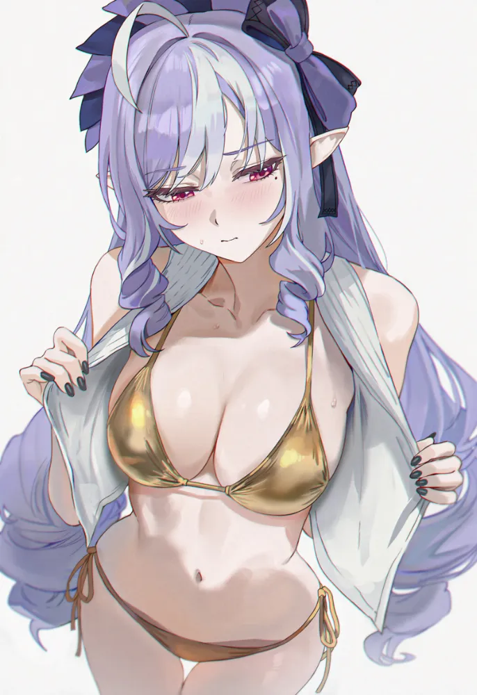 Vivian (zenless zone zero) by Amiki Yuzuru. bikini, elf, elf girl, elfgirl, fantasy, game art, gold bikini, swimsuit, Vivian, zenless zone zero, zzz
