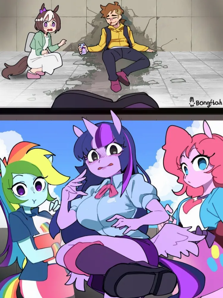 Pinkie Pie, Rainbow Dash, Twilight Sparkle (equestria girls) by BongF. Anime, anime style, equestria girls, mane 6, mlp crossover, my little pony, Pinkie Pie, Rainbow Dash, special week, trainer, Twilight Sparkle, Umamusume