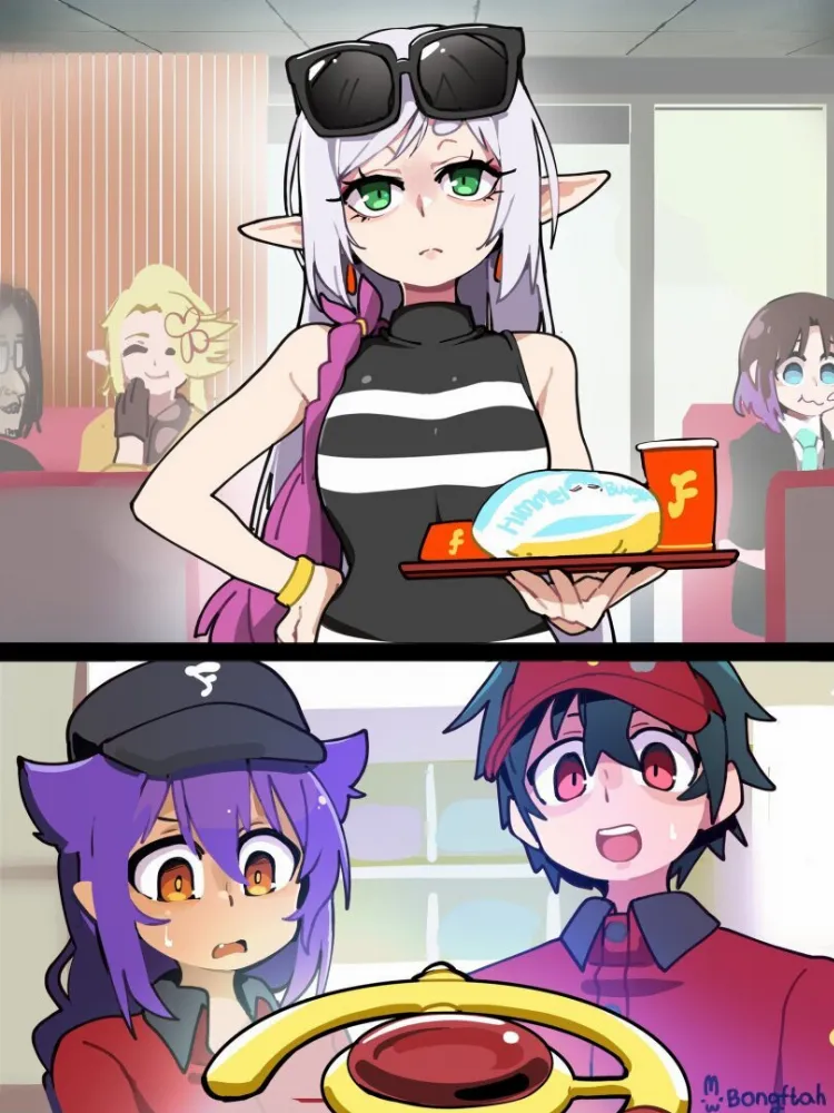 Elma, Frieren, Maou Sadao, Shibazaki Yousuke by BongF. Anime, crossover, edomae elf, elf, elf girl, Elma, fantasy, Frieren, hataraku maou-sama!, isekai ojisan, jahy-sama wa kujikenai!, kobayashi-san chi no maid dragon, maidragon, Maou Sadao, Shibazaki Yousuke, sousou no frieren