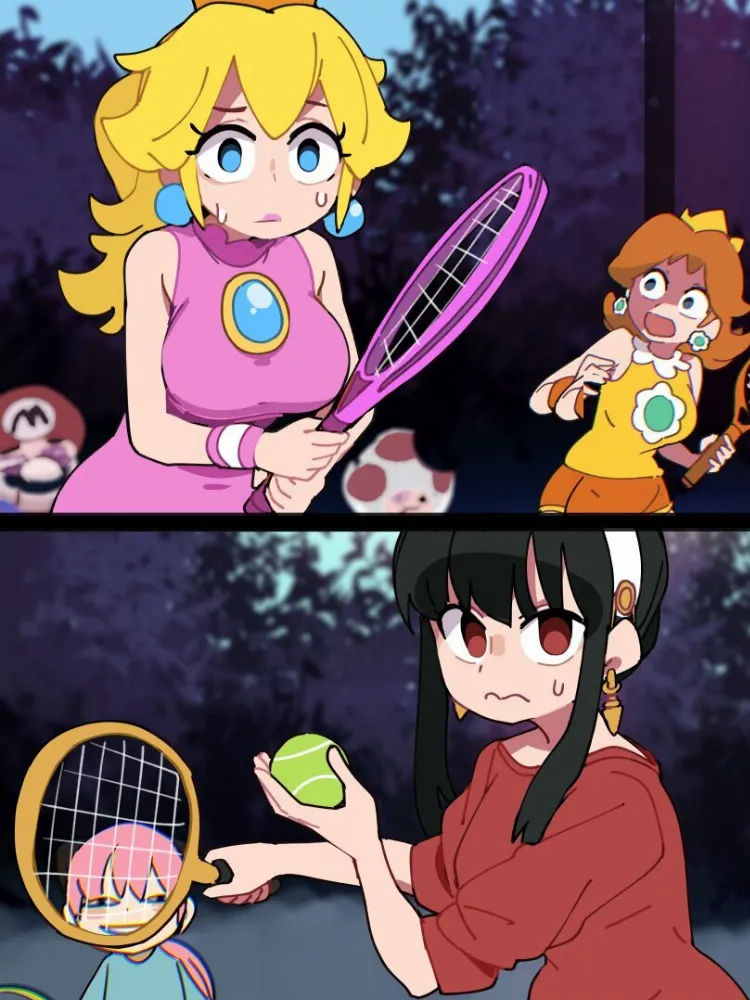 Yor Briar, Anya Forger, Princess Peach, Princess Daisy by BongF. Anime, anime style, Anya Forger, bongfill, crossover, mario, Princess Daisy, Princess Peach, Spy x Family, toad, Yor Briar