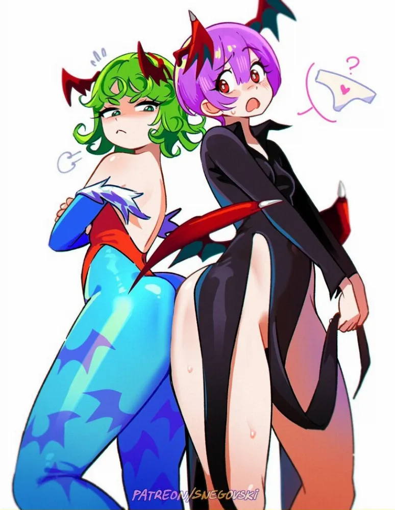Tatsumaki, Lilith Aensland (onepunchman) by Snegovski. Anime, Anime Ero, crossover, darkstalkers, Demon Girl, devil girl, Lilith Aensland, monster girl, onepunchman, oshiri, Tatsumaki