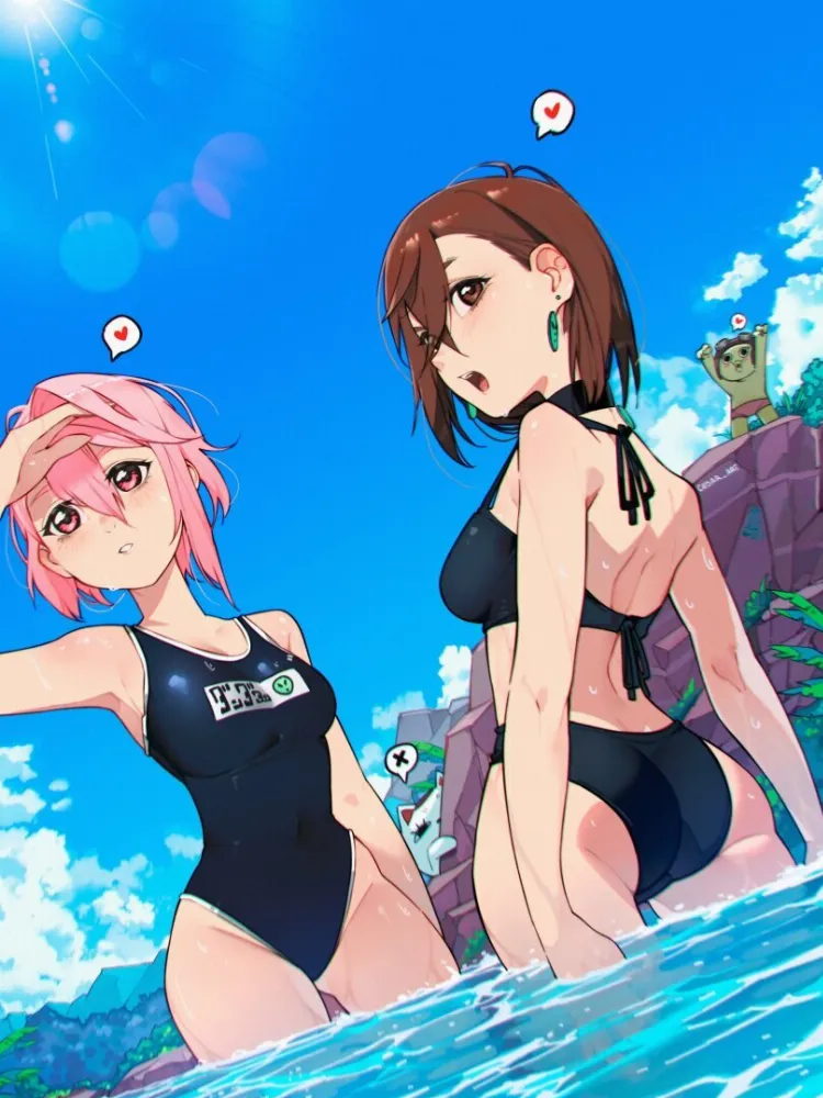 Shiratori Aira, Ayase Momo, Turbo Granny (dandadan) by cesar art456. Anime, Ayase Momo, dandadan, Shiratori Aira, swimsuit, Turbo Granny