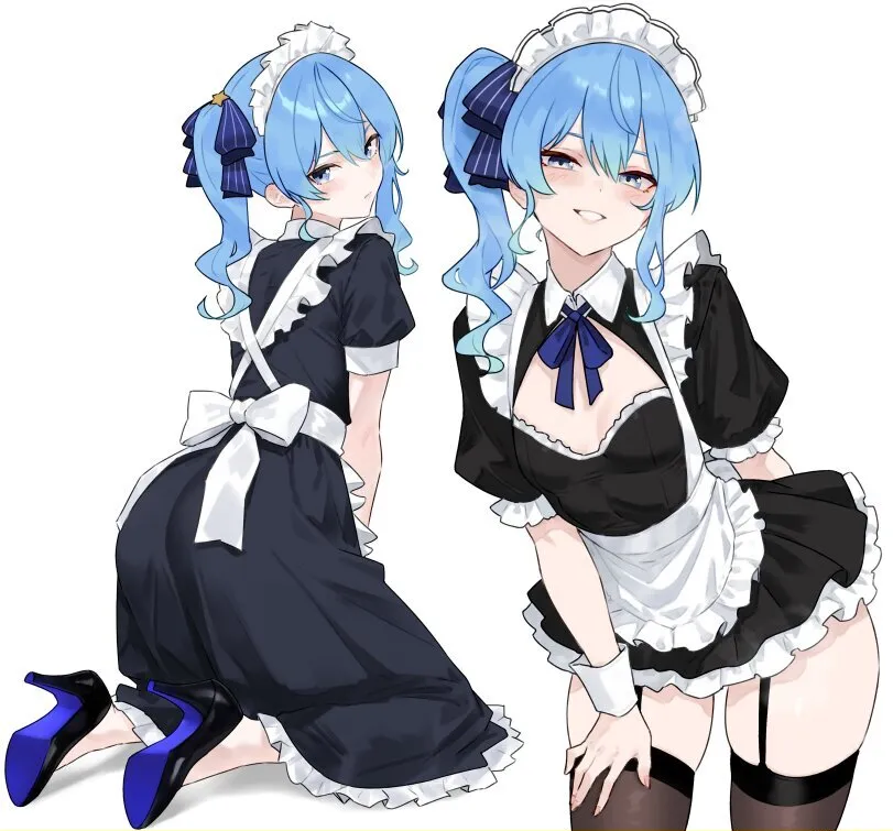 Hoshimachi Suisei (virtual youtuber) by Bluefield. heels, hololive, Hoshimachi Suisei, housemaid, maid, stockings, virtual youtuber, vtuber