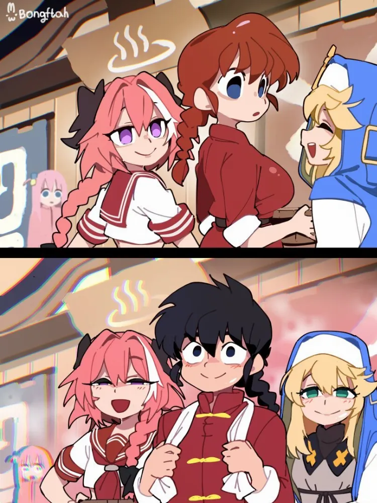 Ranma Saotome, Astolfo, Bridget, Gotou Hitori by BongF. Anime, anime oldschool, Astolfo, bocchi the rock, bongfill, bongftah, Bridget, fate, fate/apocrypha, Gotou Hitori, Guilty Gear, ranma 1/2, Ranma Saotome, ranma-chan