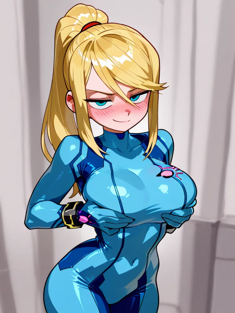 AI Samus Aran (Metroid) by Gar-D-Voir. AI, Anime, animegirl, armsup, blondhair, blush, breasts, cute, digitalart, erectnipples, fanart, game art, largebreasts, Metroid, navel, neuralart, nintendo, Samus, Samus Aran, samusaran, sexy, skintightclothes, smile, thighs, videogamefanart, zerosuit